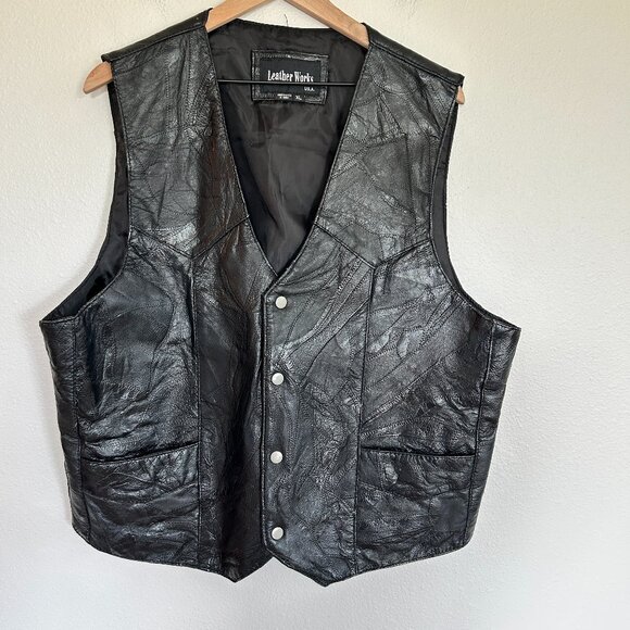 Vtg Leather Works Vest XL Black Patchwork Leather Snap Front Biker Moto USA - Picture 1 of 12